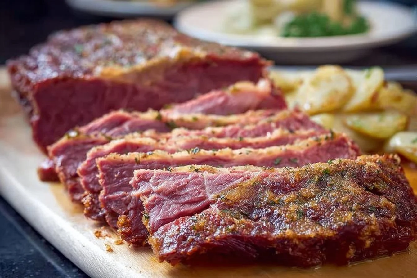 Crispy slow cooker corned beef served with vegetables