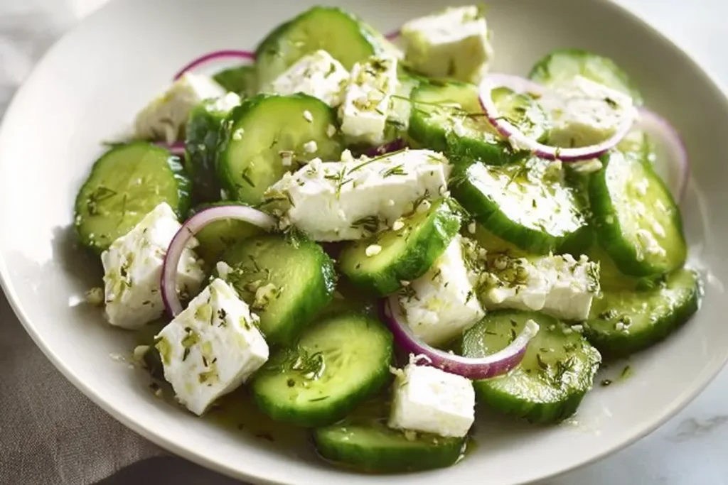 Delicious Cucumber Feta Salad drizzled with Lemon Greek Vinaigrette