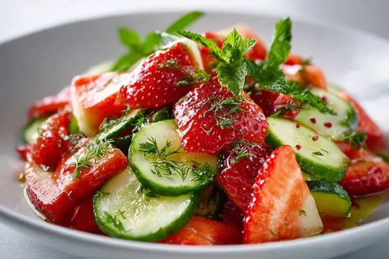 Fresh cucumber strawberry salad with mint and feta.