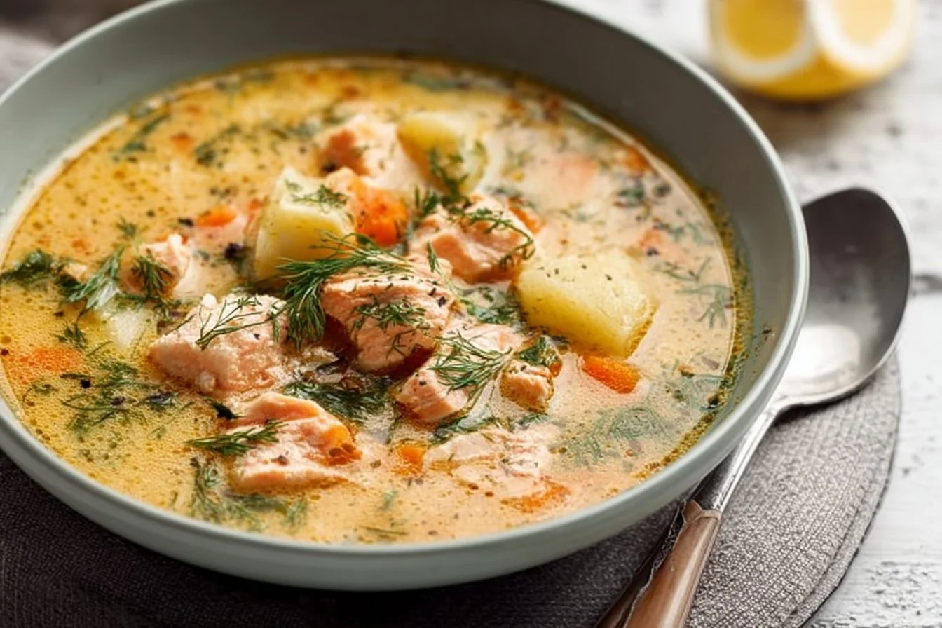 Bowl of Finnish salmon soup with fresh herbs and ingredients