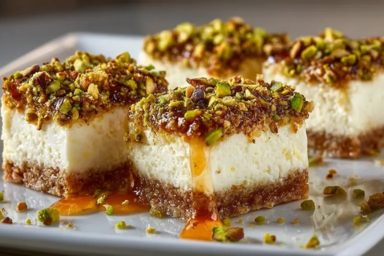 Greek Honey Pistachio Cheesecake Bars: Creamy Delight! Turtle Energy Balls Greek Honey Pistachio Cheesecake Bars topped with crushed pistachios.