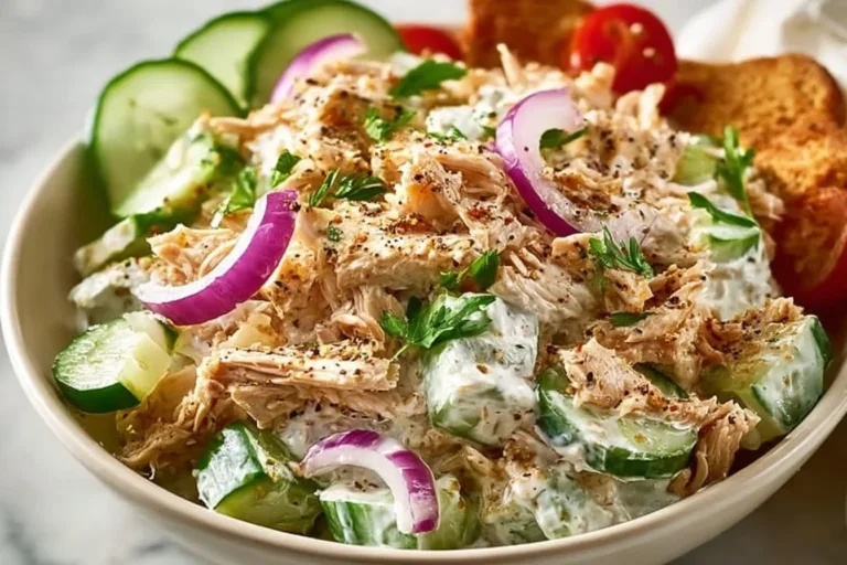 Delicious Greek yogurt rotisserie chicken salad served in a bowl with fresh ingredients
