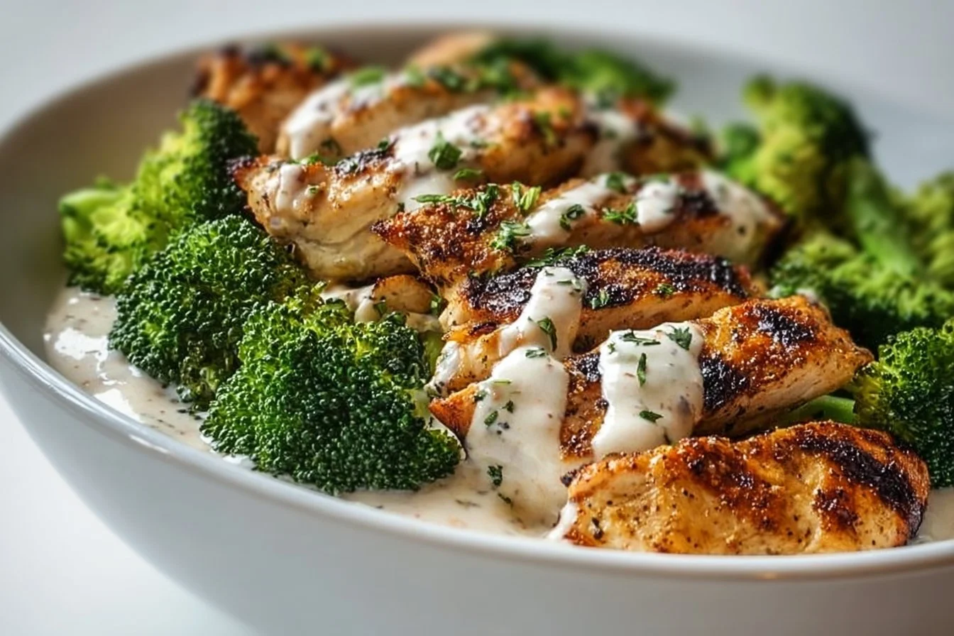 Grilled chicken and broccoli bowls with creamy garlic sauce