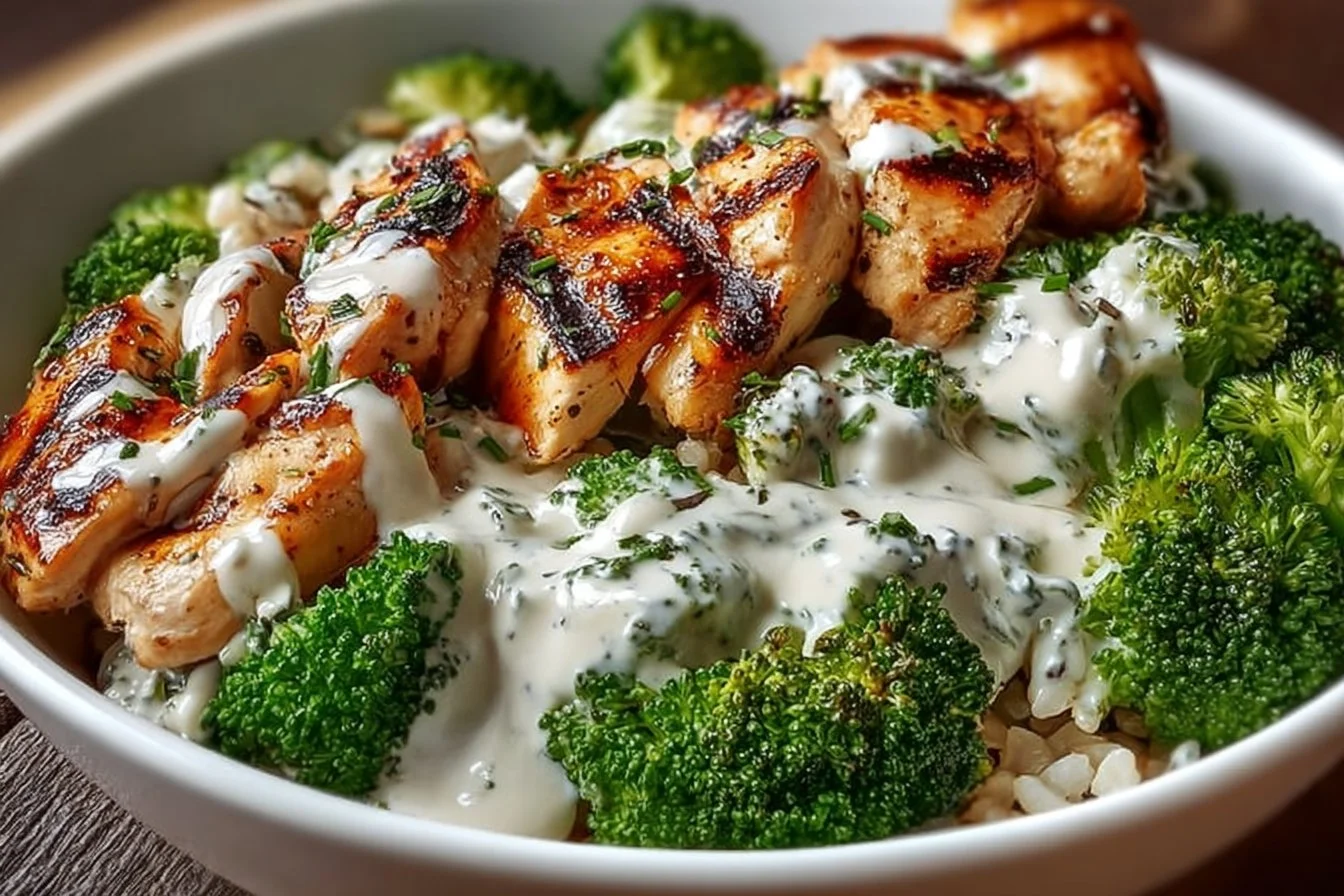 Grilled Chicken and Broccoli Bowls with Creamy Garlic Sauce