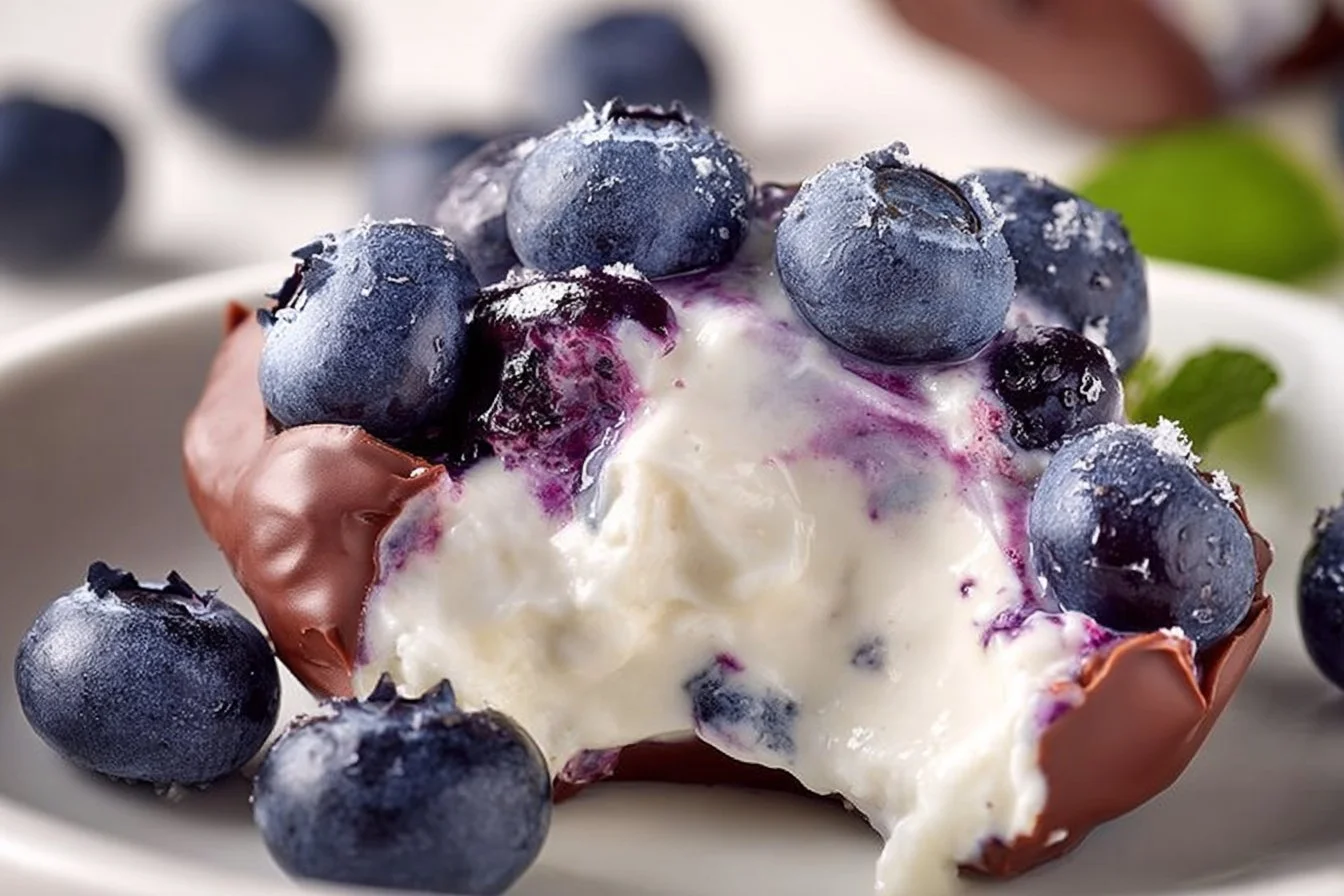 Healthy frozen blueberry yogurt clusters served in a bowl