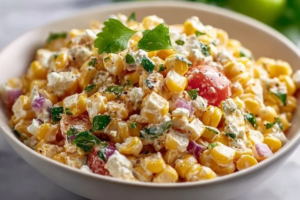 Healthy Street Corn Salad with Greek yogurt topped with fresh cilantro and lime