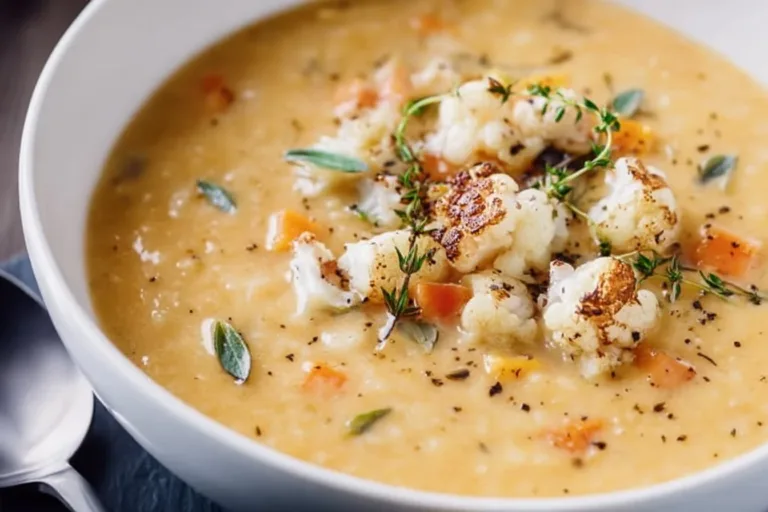 Bowl of hearty cauliflower soup garnished with herbs and spices