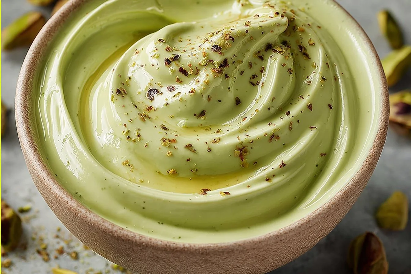 Homemade pistachio cream in a jar with fresh pistachios and a spoon