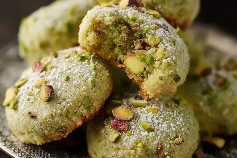 Homemade Pistachio Wedding Cookies Amish Apple Fritter Bread Homemade pistachio wedding cookies arranged on a decorative platter.