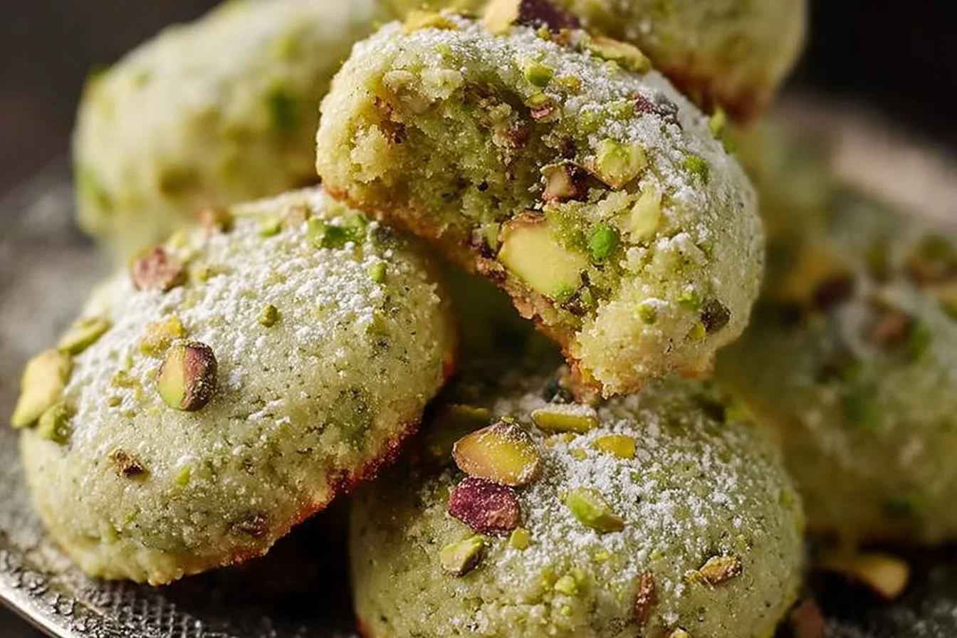 Homemade pistachio wedding cookies arranged on a decorative platter.