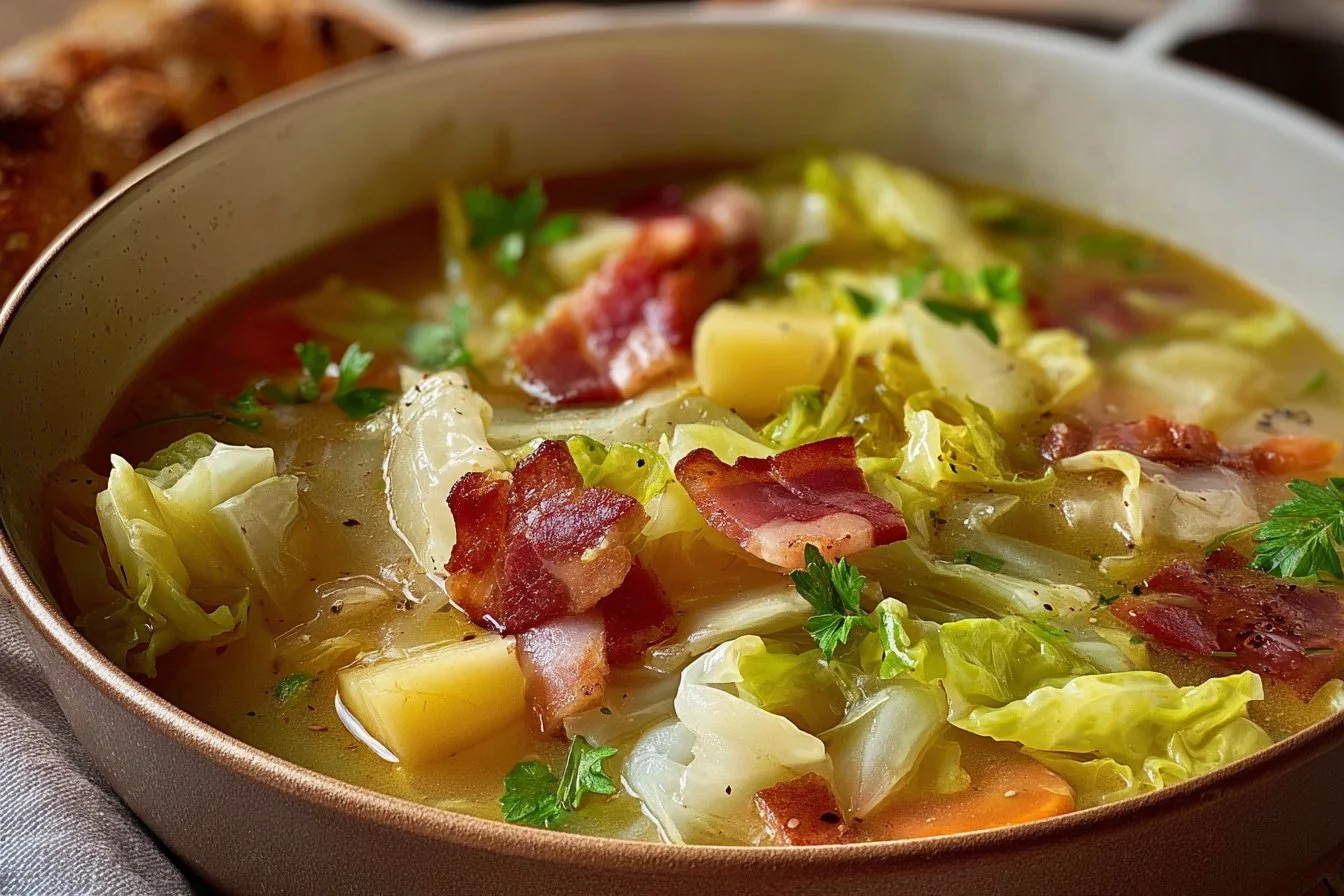 Irish Bacon, Cabbage, and Potato Soup Irish Bacon Soup Bowl of Irish Bacon Soup with cabbage and potatoes, perfect for a cozy meal.