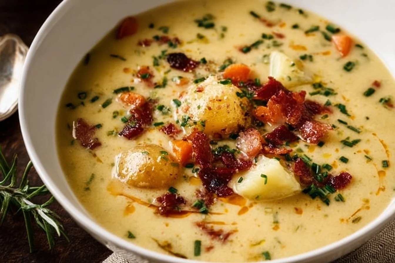 Bowl of creamy Irish Potato Soup topped with herbs and served with bread.