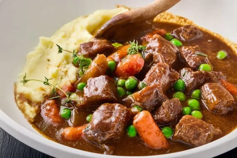 A hearty bowl of Irish stew served with creamy mashed potatoes, showcasing rich flavors.