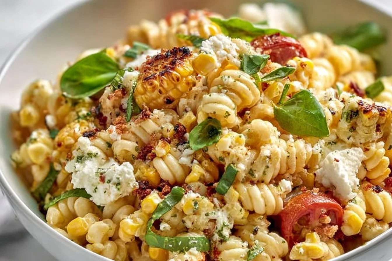 Juicy Street Corn Pasta Salad with fresh ingredients and vibrant colors