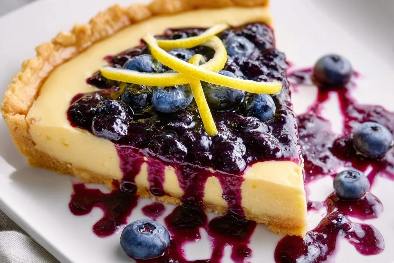 Lemon tart dessert topped with vibrant blueberry sauce on a white plate