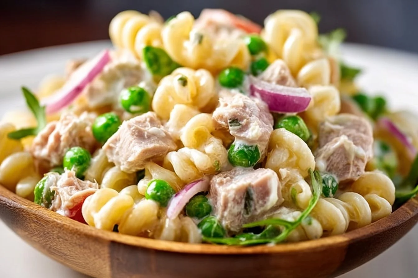 Light canned tuna pasta salad with fresh veggies and dressing