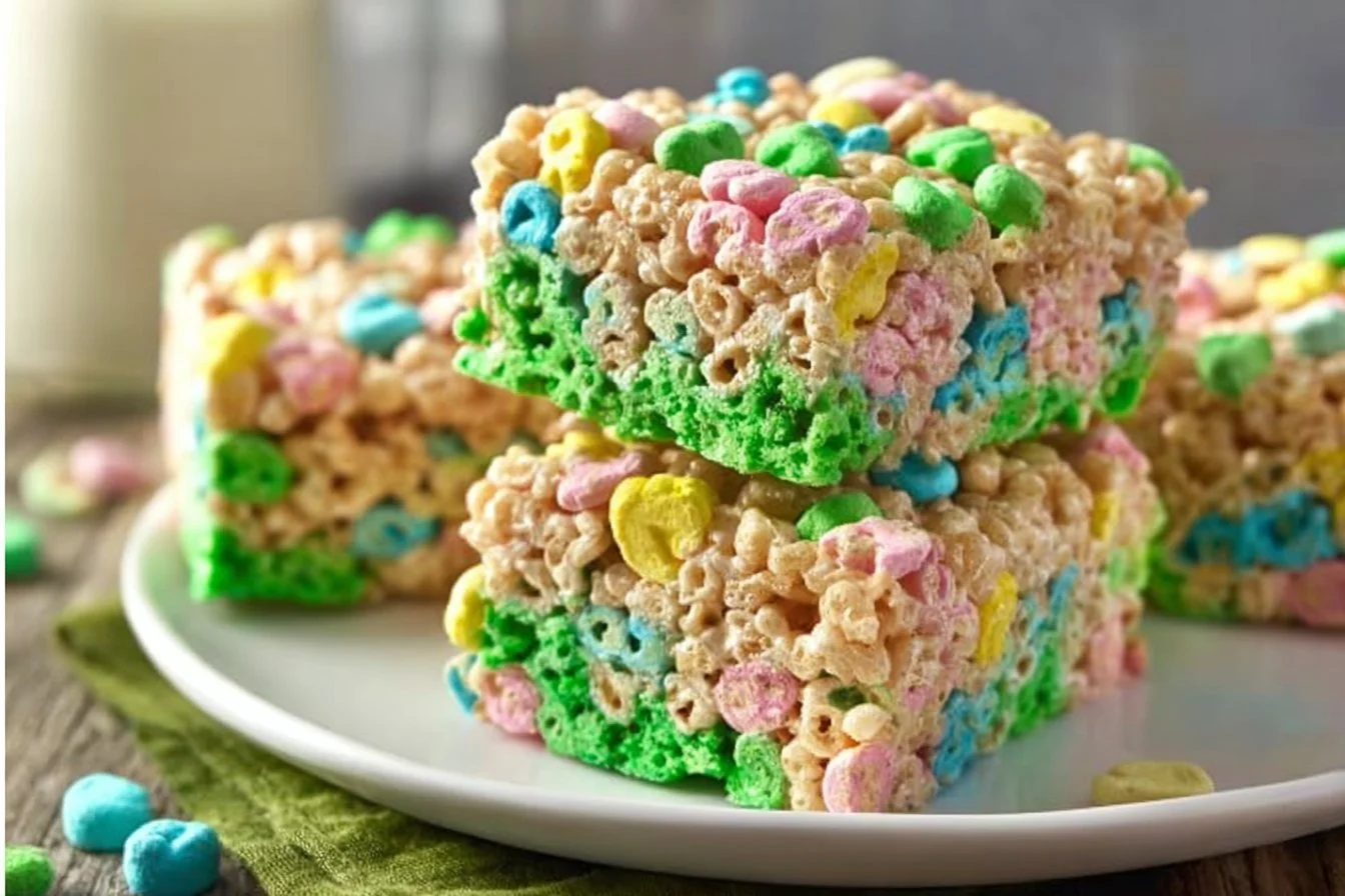 Delicious Lucky Charms Rice Krispie Treats with colorful marshmallows.