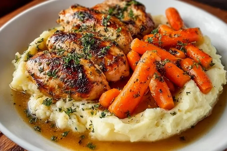 Plate of garlic herb chicken with mashed potatoes and glazed carrots.