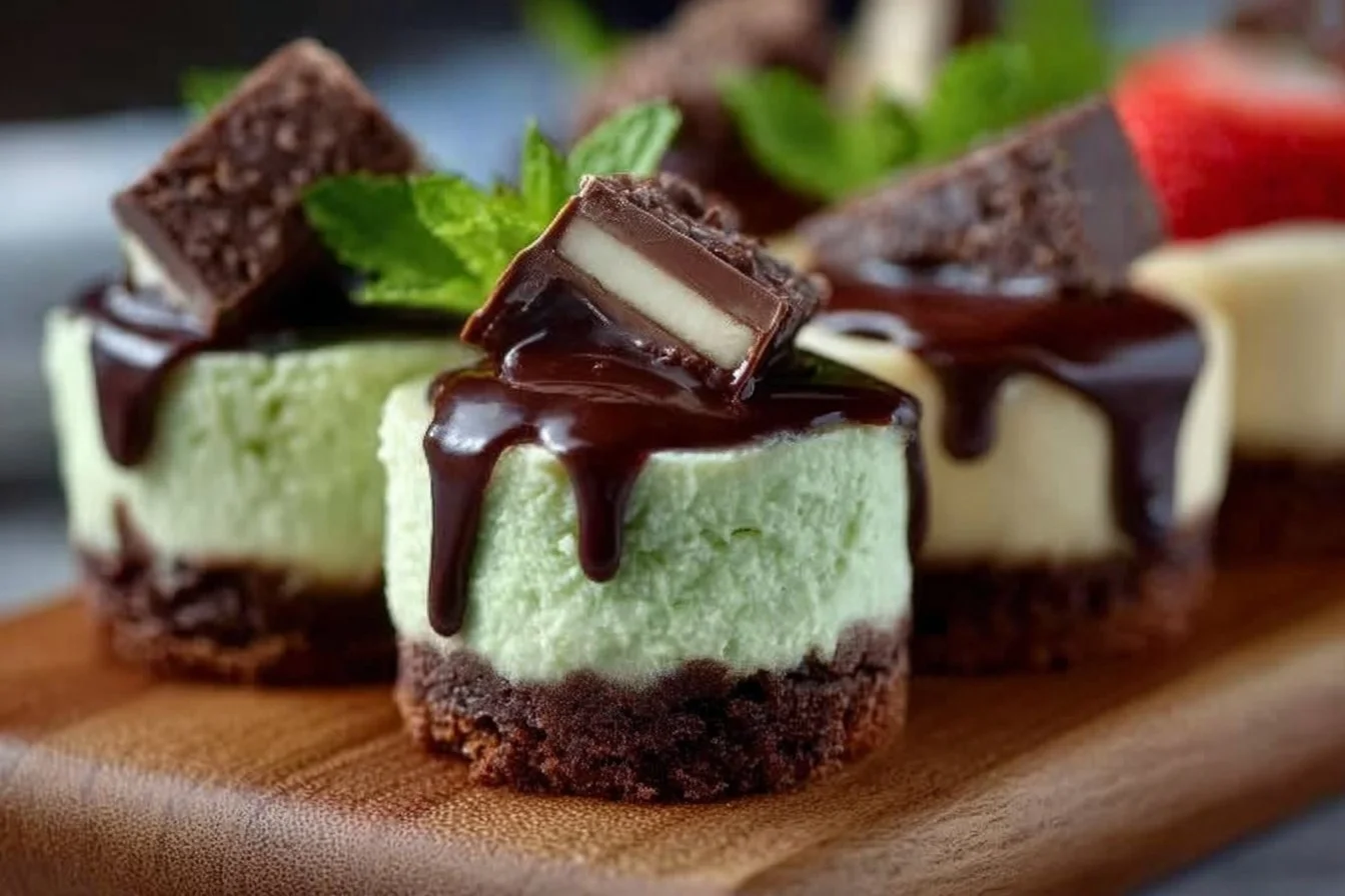 Delicious mini cheesecakes topped with assorted fruits and drizzled with chocolate