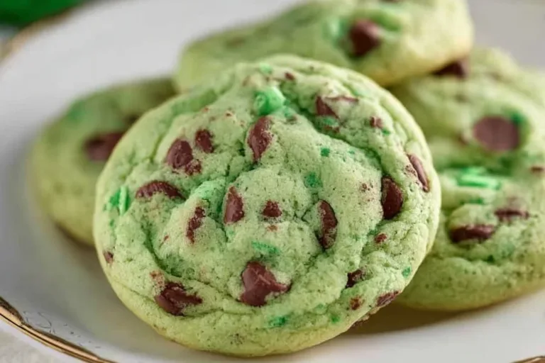 Mint Chocolate Chip Cookies fresh out of the oven, topped with chocolate chips and mint leaves.