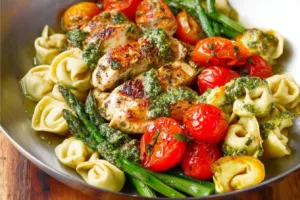 One-pan pesto chicken with tortellini and assorted vegetables for a quick meal