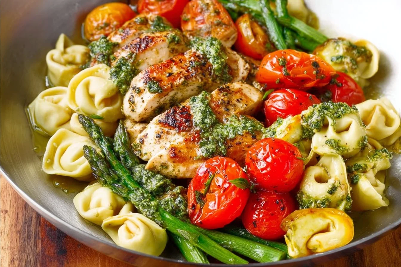 One-pan pesto chicken with tortellini and assorted vegetables for a quick meal