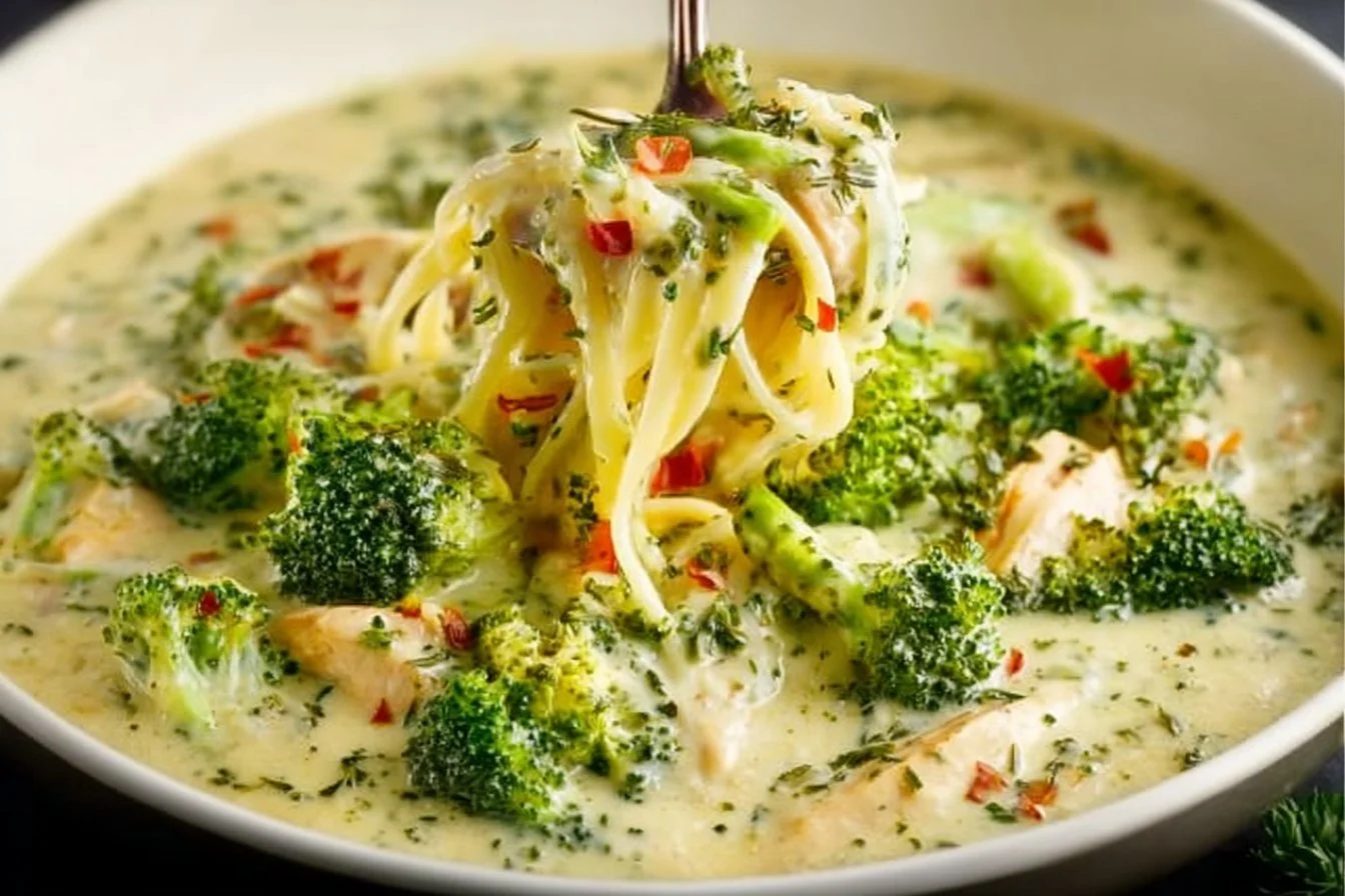 Healthy broccoli pasta chicken dish with fresh ingredients and vibrant colors.