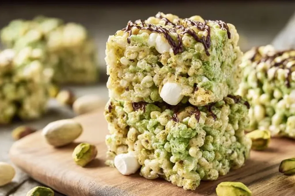Pistachio Rice Krispie Treats with a nutty green topping