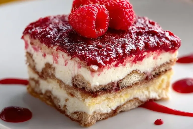 Delicious Raspberry Tiramisu dessert served in a glass with fresh raspberries on top.