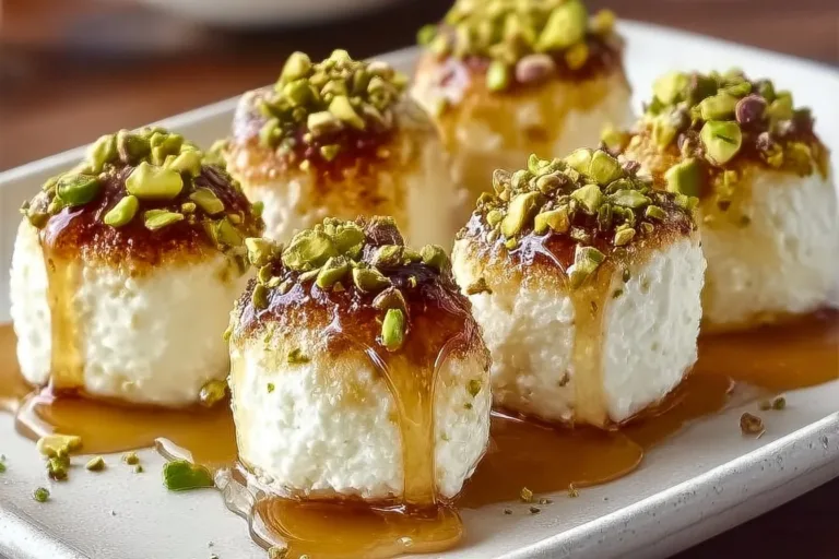 Ricotta bites topped with pistachios and honey in a serving dish