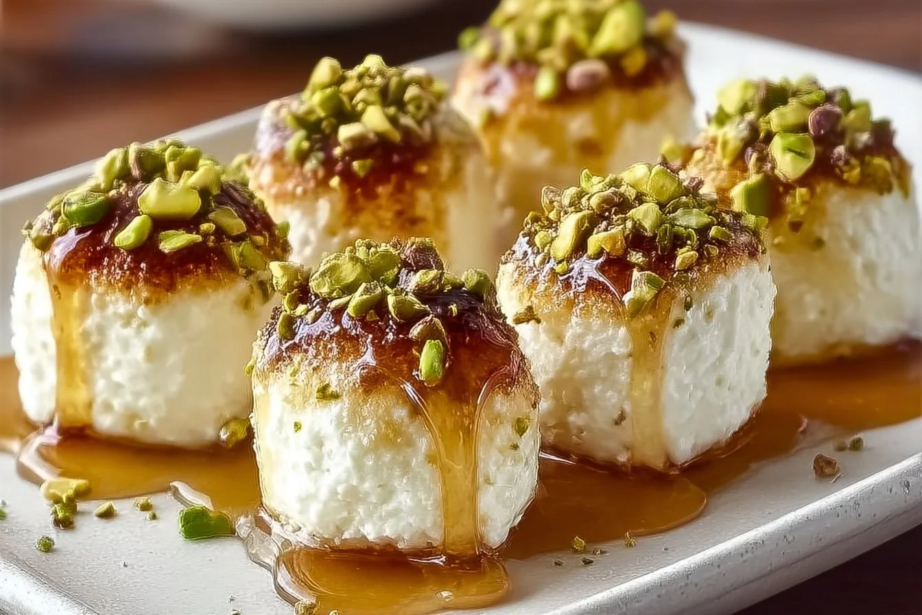 Ricotta bites topped with pistachios and honey in a serving dish