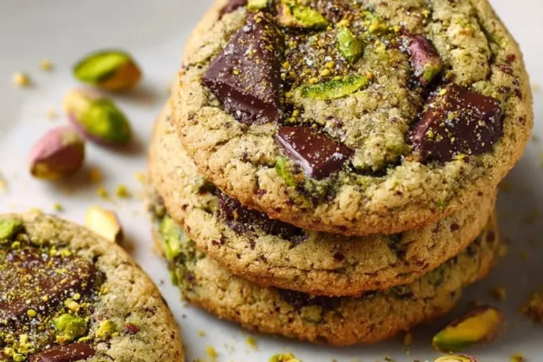 Salted pistachio chocolate chunk cookies with chunks of chocolate
