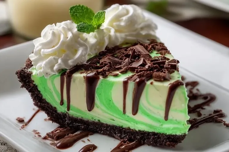 Delicious Shamrock Swirl Pie with peppermint and chocolate swirls.