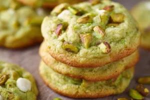 Soft and chewy pistachio pudding cookies on a plate