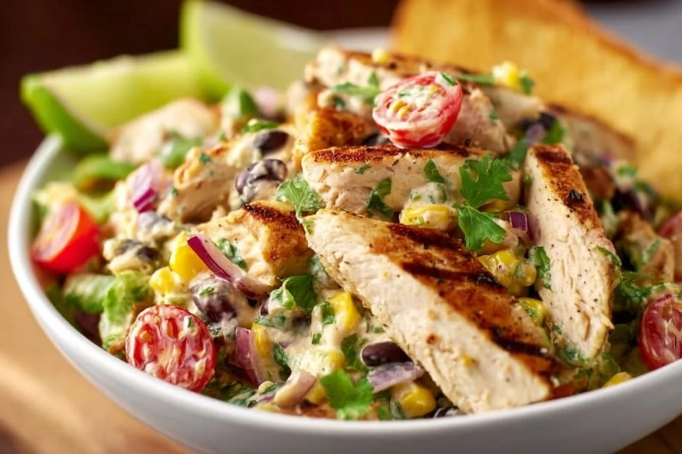 Delicious Southwest Chicken Salad with grilled chicken, black beans, corn, and fresh veggies