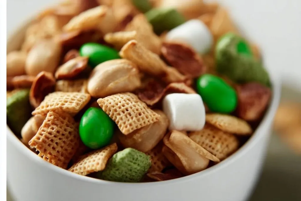 St. Patrick's Day themed trail mix with green treats and festive decorations