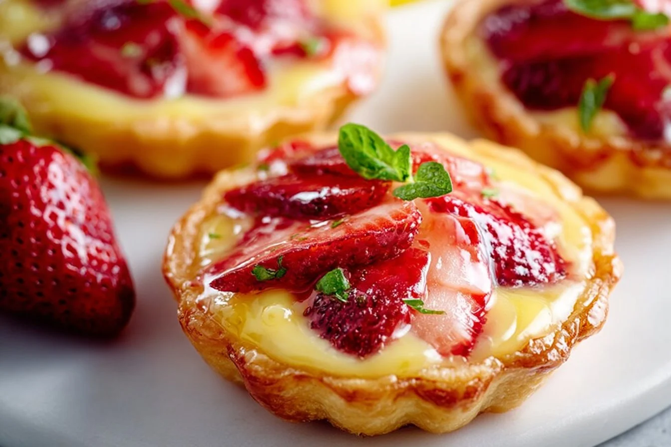 Strawberry Honey Custard Tarts with Lemon Curd Strawberry Honey Custard Tarts Strawberry Honey Custard Tarts with Lemon Curd beautifully plated with fresh strawberries