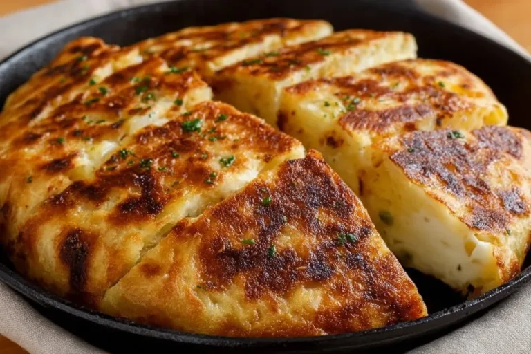 Super Simple Authentic Irish Potato Bread Made in a Skillet potato cakes Skillet-cooked Irish potato bread on a wooden cutting board