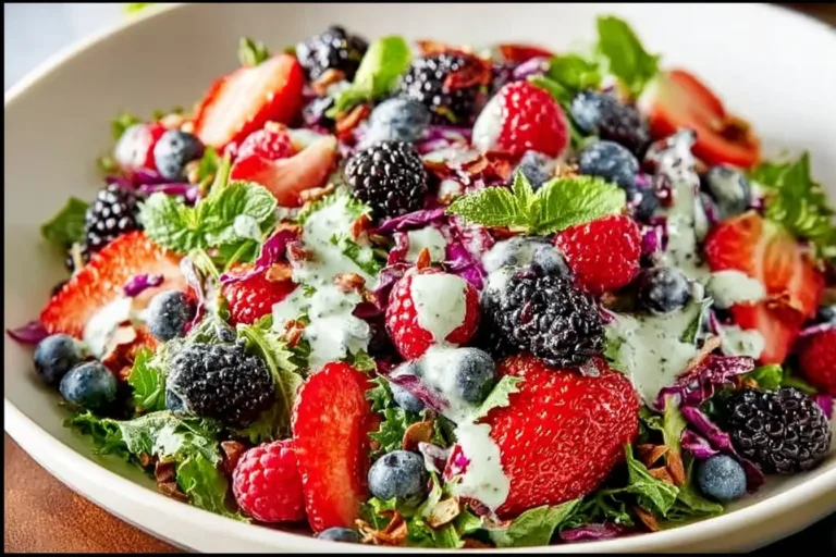 Superfood berry salad with creamy lemon herb dressing on a plate