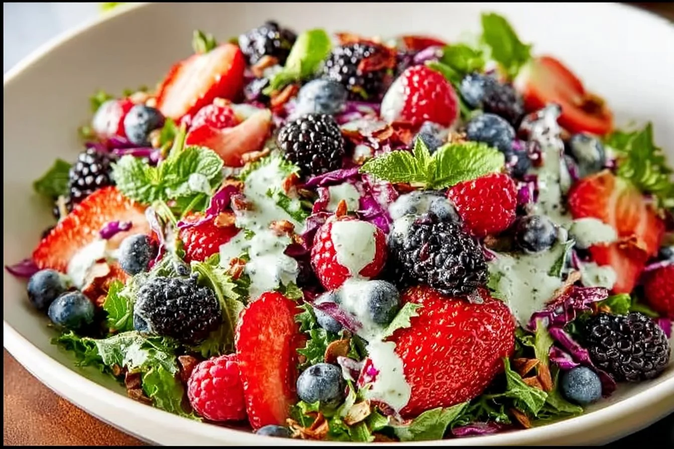 Superfood Berry Salad with Creamy Lemon Herb Dressing berry salad Superfood berry salad with creamy lemon herb dressing on a plate