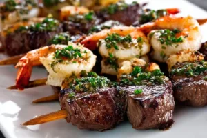 Delicious Surf and Turf Kebabs served with chimichurri sauce on a grilled platter