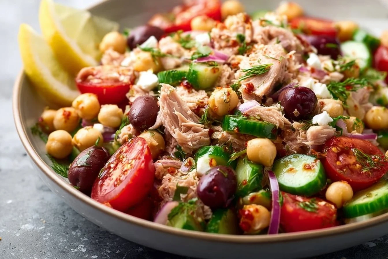 A vibrant Tuna Chickpea Salad Bowl with fresh ingredients and vibrant colors.