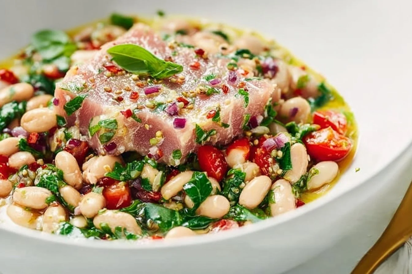 Tuna-White Bean Salad Tuna-White Bean Salad Delicious Tuna-White Bean Salad in a bowl with fresh ingredients