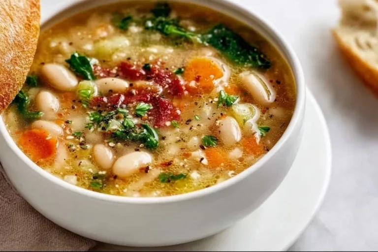 Tuscan White Bean Soup Kale Chicken Caesar Pasta Salad A bowl of Tuscan white bean soup garnished with fresh herbs and crusty bread