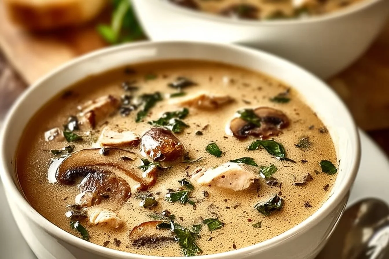 Warm Up with Clean Chicken Mushroom Soup for Cozy Nights chicken mushroom soup Bowl of clean chicken mushroom soup, perfect for cozy nights.