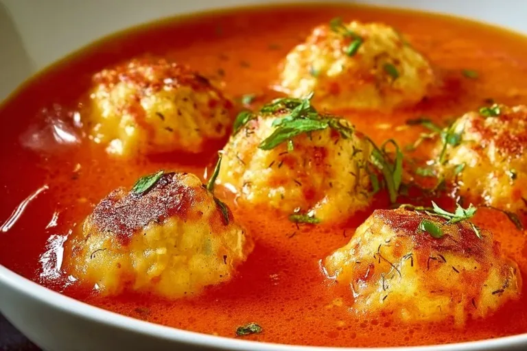 Delicious wholesome tomato soup topped with cheddar bay dumplings