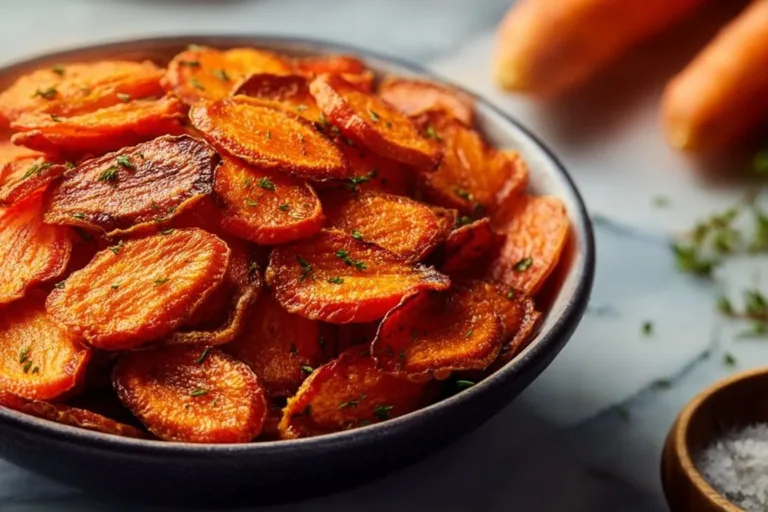 Homemade air fryer carrot chips on a plate, crispy and healthy snack.