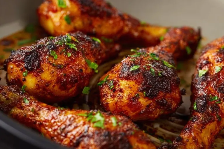 Crispy air fryer chicken drumsticks garnished with herbs