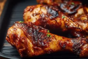 Crispy air fryer chicken legs served on a plate with herbs