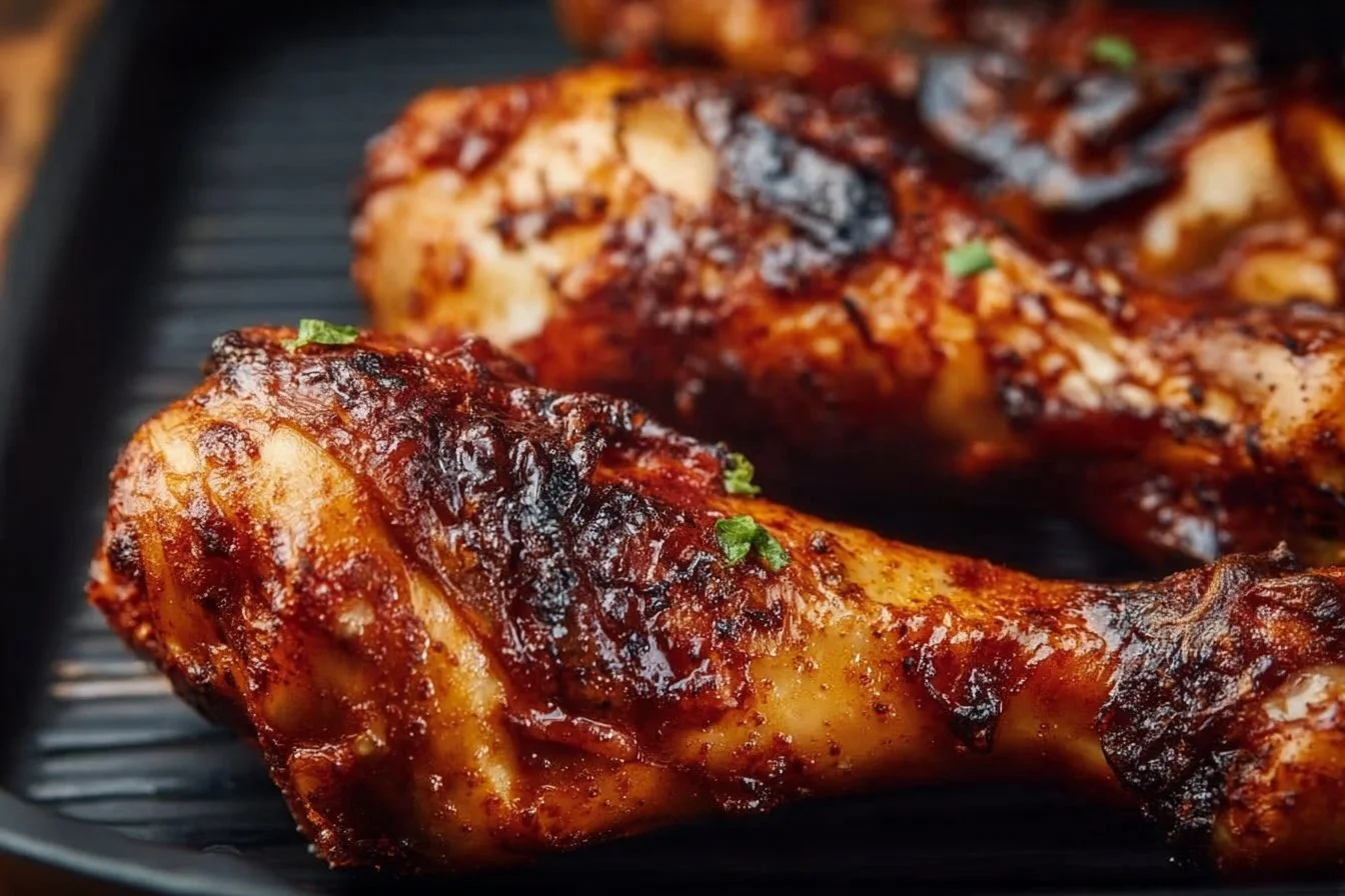 Crispy air fryer chicken legs served on a plate with herbs